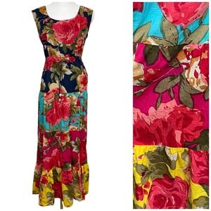 Vintage ONLY NECESSITIES Floral Tiered Maxi Dress M Tie Waist Boho Patchwork
